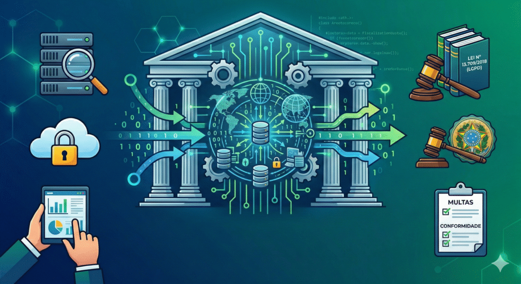 Lei de proteção de dados e fiscalização digital representada por cadeado tecnológico